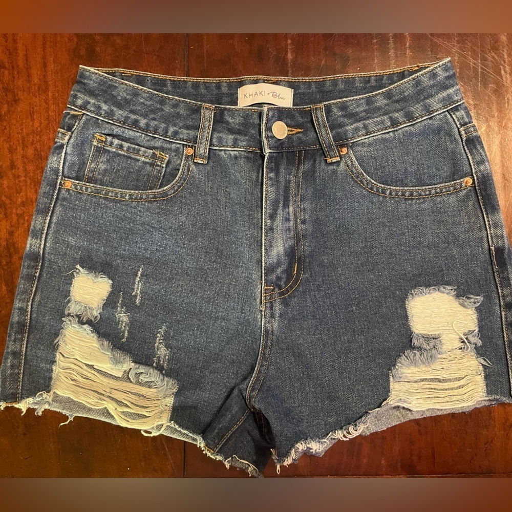 Khaki + Blue, Women's Distressed Blue Denim Shorts - Picture 3 of 3